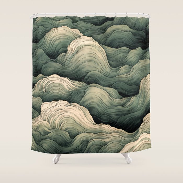 Japanese Painting Wabi Sabi Art Sage Green Decor Japandi Art Minimalist Wall Art Shower Curtain Gallery Image 1