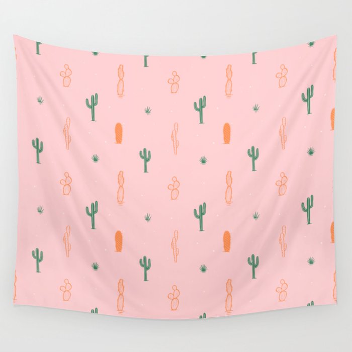 Retro hand drawn cactus plant pattern Wall Tapestry Gallery Image 1
