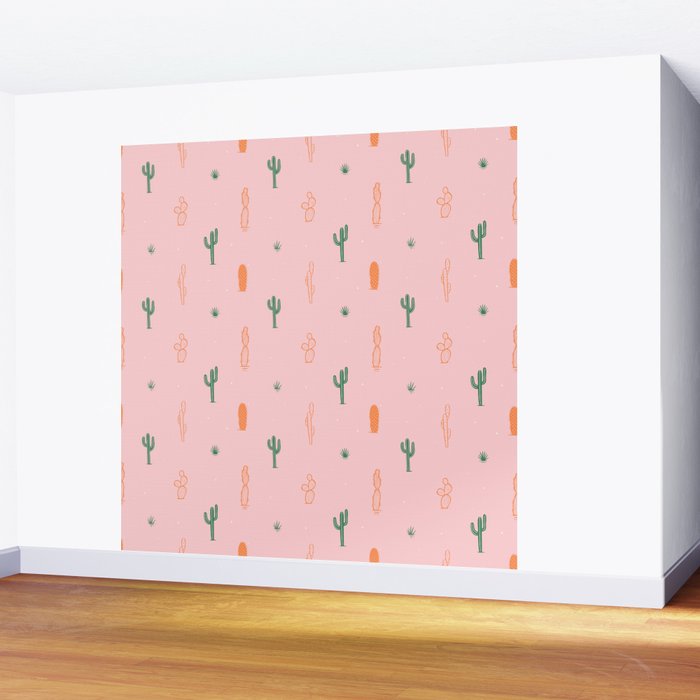 Retro hand drawn cactus plant pattern Wall Mural Gallery Image 2