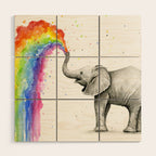 Baby Elephant Spraying Rainbow Wood Wall Art Gallery Image 1