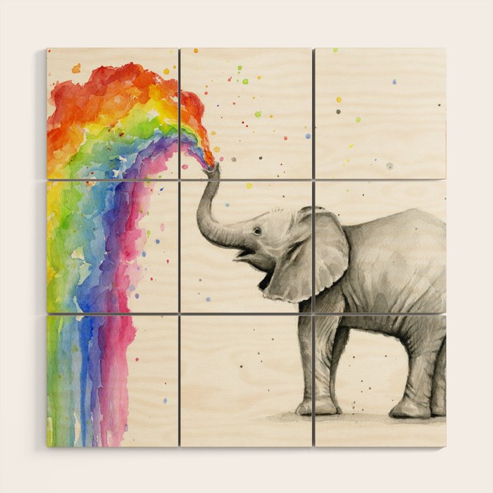 Baby Elephant Spraying Rainbow Wood Wall Art Gallery Image 1