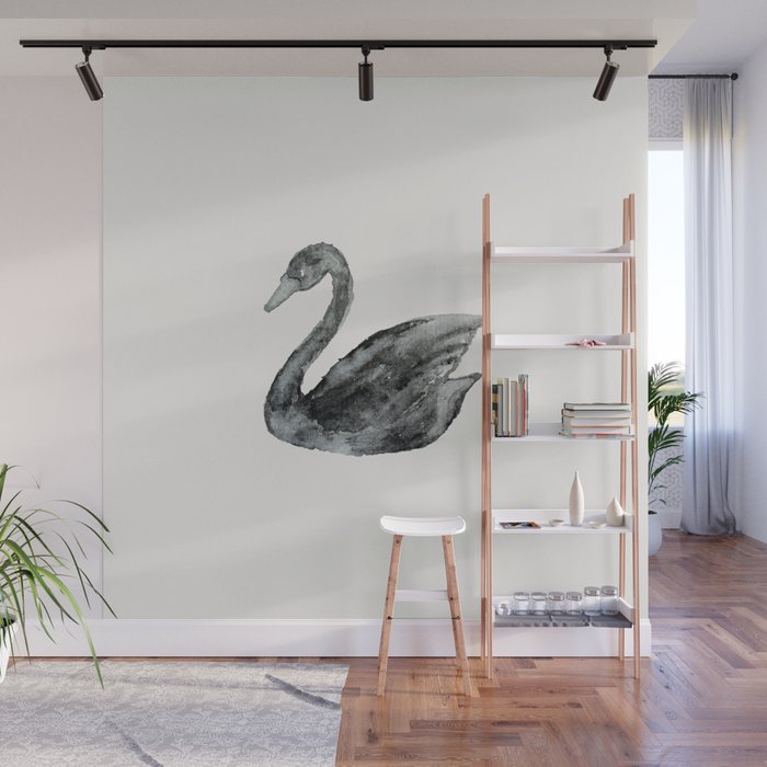 Elegant black white hand painted watercolor swan Wall Mural Gallery Image 1