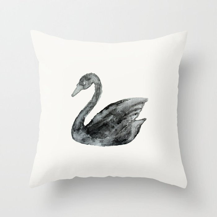 Elegant black white hand painted watercolor swan Throw Pillow Gallery Image 1