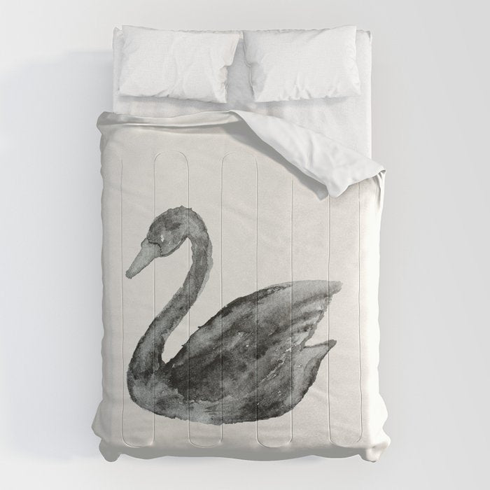 Elegant black white hand painted watercolor swan Comforter Gallery Image 1