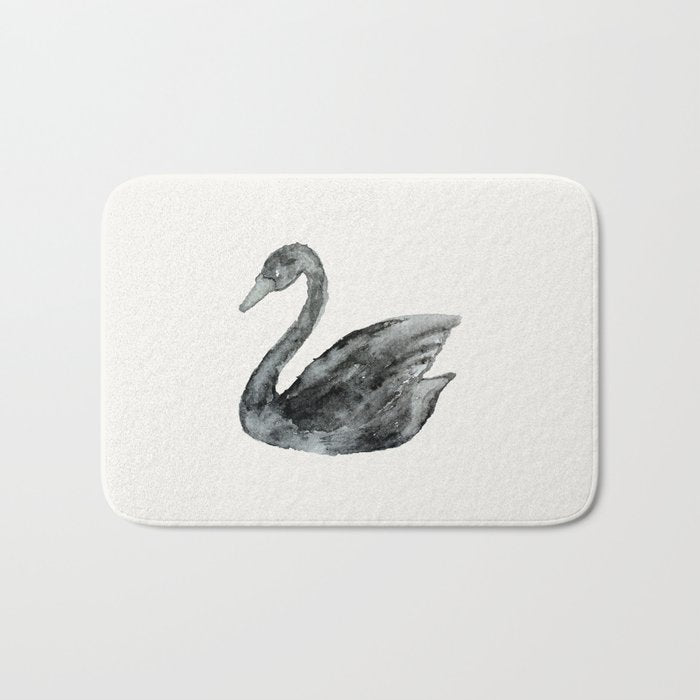 Elegant black white hand painted watercolor swan Bath Mat Gallery Image 1