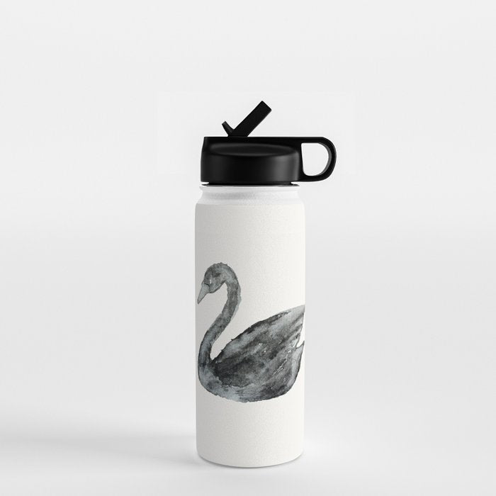 Elegant black white hand painted watercolor swan Water Bottle Gallery Image 1