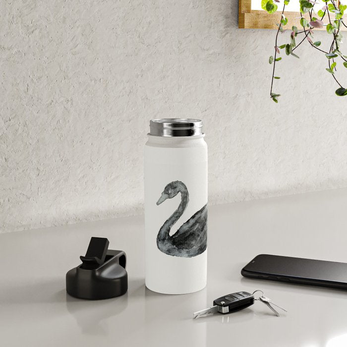 Elegant black white hand painted watercolor swan Water Bottle Gallery Image 5