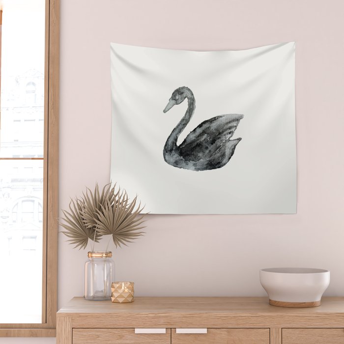 Elegant black white hand painted watercolor swan Wall Tapestry Gallery Image 2