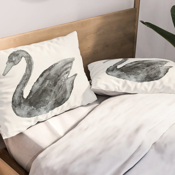 Elegant black white hand painted watercolor swan Pillow Sham Gallery Image 2