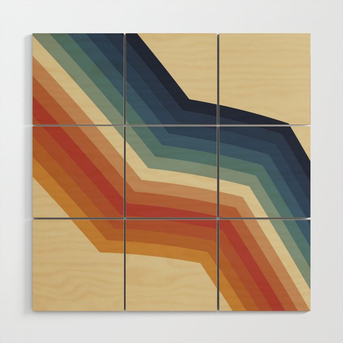 Funky Colorful 70s Rainbow Striped Zig Zag Pattern Blue Orange Hues Wood Wall Art Gallery Image 1