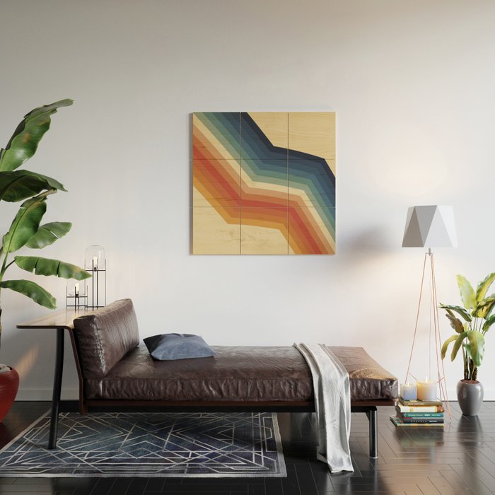 Funky Colorful 70s Rainbow Striped Zig Zag Pattern Blue Orange Hues Wood Wall Art Gallery Image 2