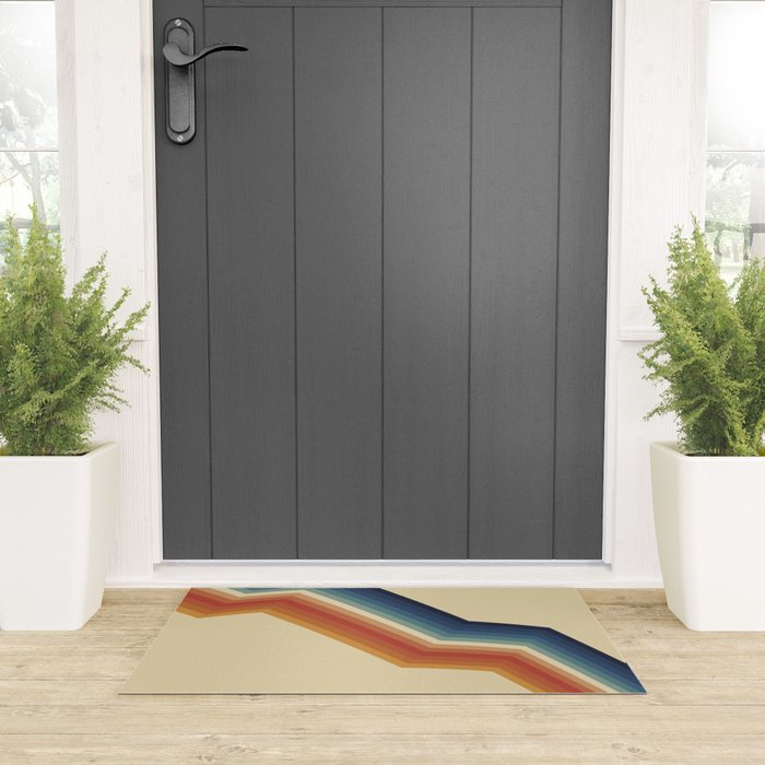 Funky Colorful 70s Rainbow Striped Zig Zag Pattern Blue Orange Hues Welcome Mat Gallery Image 3
