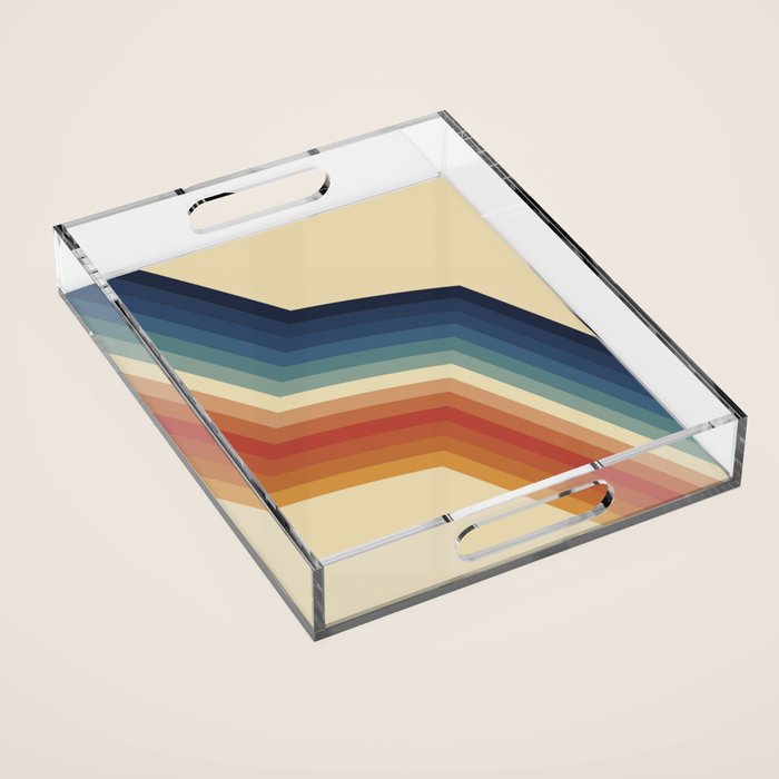 Funky Colorful 70s Rainbow Striped Zig Zag Pattern Blue Orange Hues Acrylic Tray Gallery Image 1