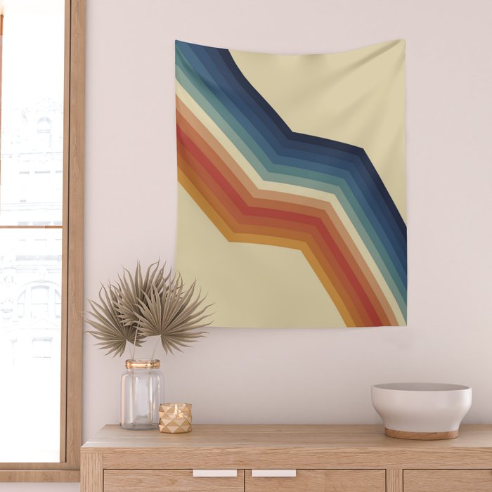 Funky Colorful 70s Rainbow Striped Zig Zag Pattern Blue Orange Hues Wall Tapestry Gallery Image 2