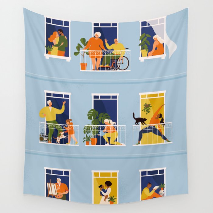 People on balconies Wall Tapestry Gallery Image 1