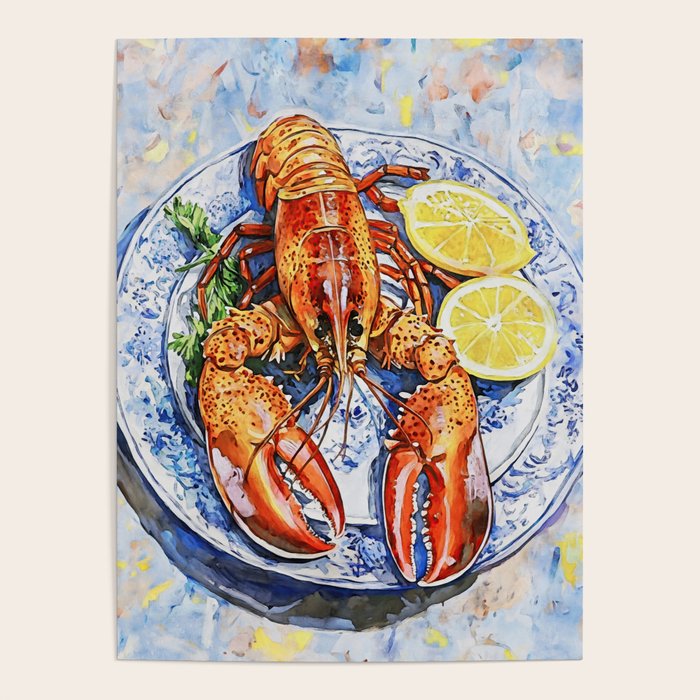 Maine Lobster with Lemons Watercolor  Poster Gallery Image 1