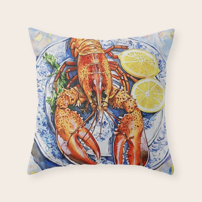 Maine Lobster with Lemons Watercolor  Throw Pillow Gallery Image 6