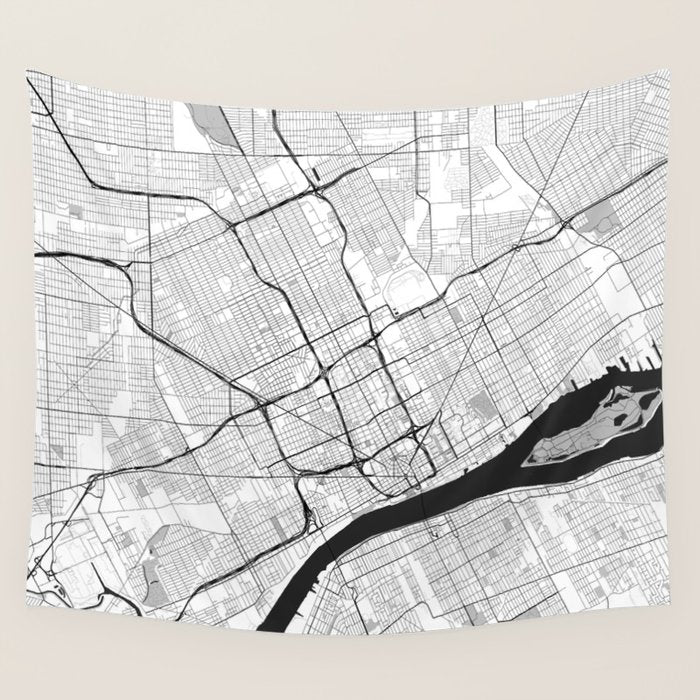Detroit Map Gray Wall Tapestry Gallery Image 1