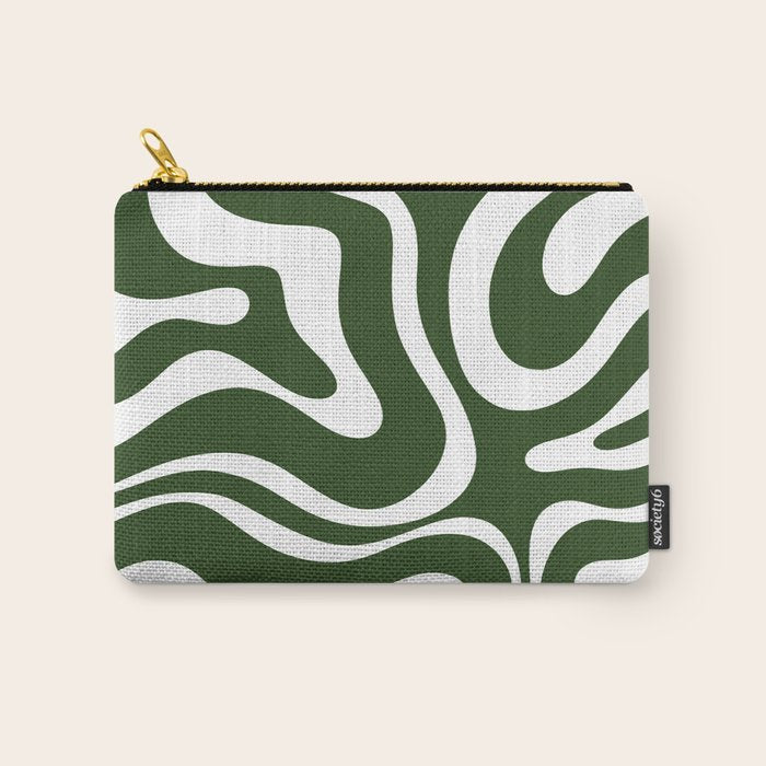 Retro Modern Liquid Swirl Abstract Pattern in Deep Green and White Carry All Pouch Gallery Image 1
