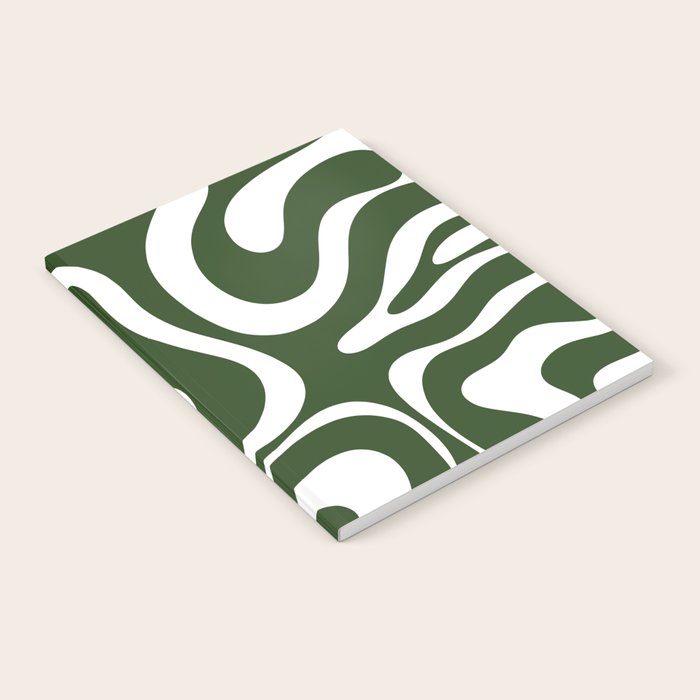 Retro Modern Liquid Swirl Abstract Pattern in Deep Green and White Notebook Gallery Image 2