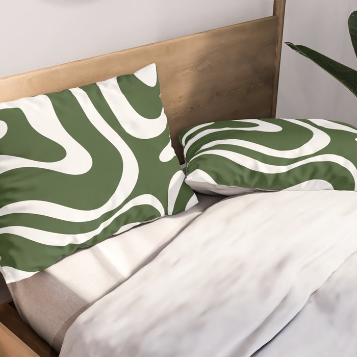 Retro Modern Liquid Swirl Abstract Pattern in Deep Green and White Pillow Sham Gallery Image 2