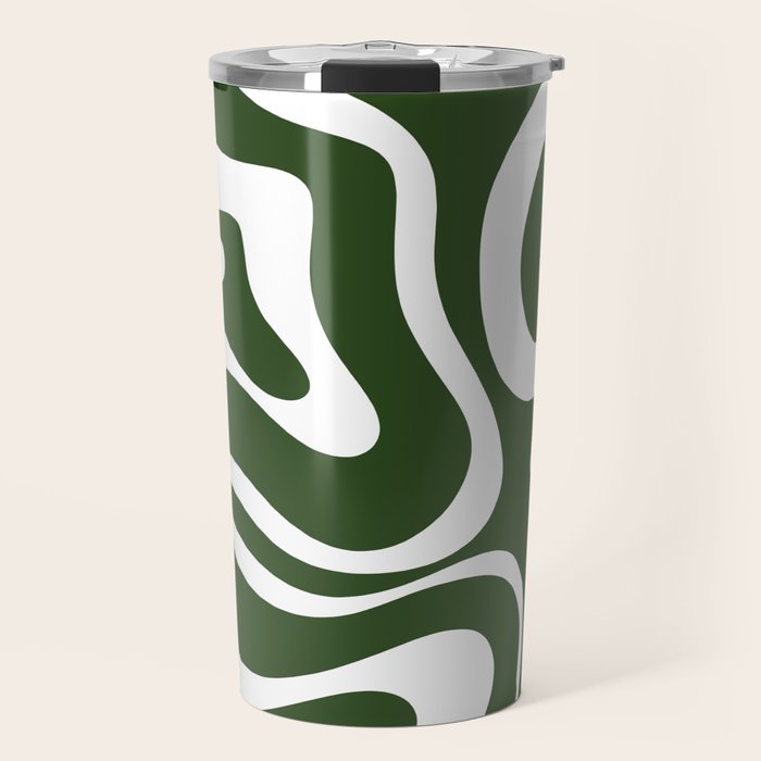 Retro Modern Liquid Swirl Abstract Pattern in Deep Green and White Travel Mug Gallery Image 1