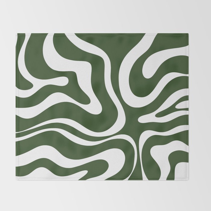 Retro Modern Liquid Swirl Abstract Pattern in Deep Green and White Throw Blanket Gallery Image 2