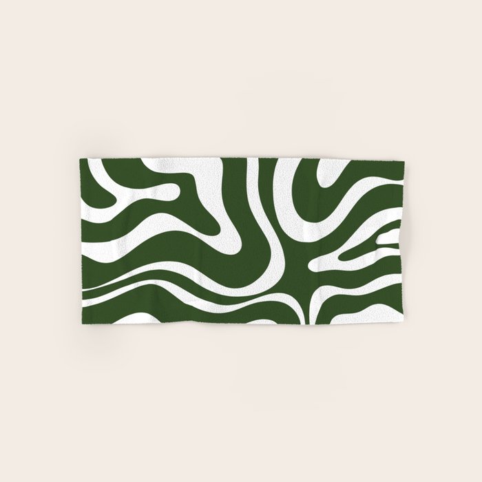 Retro Modern Liquid Swirl Abstract Pattern in Deep Green and White Bath Towel Gallery Image 1