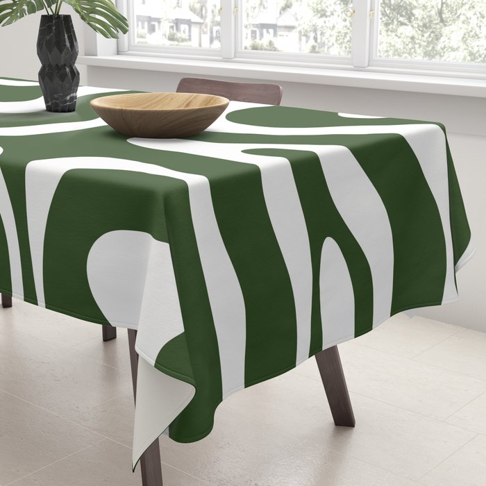 Retro Modern Liquid Swirl Abstract Pattern in Deep Green and White Tablecloth Gallery Image 3