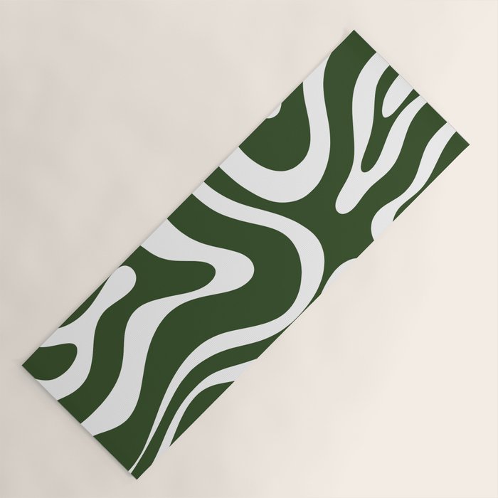 Retro Modern Liquid Swirl Abstract Pattern in Deep Green and White Yoga Mat Gallery Image 1