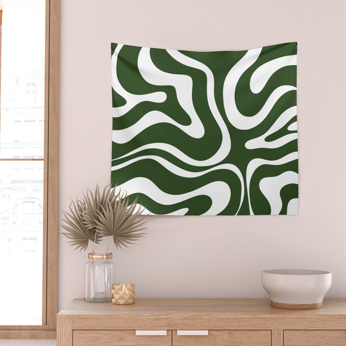 Retro Modern Liquid Swirl Abstract Pattern in Deep Green and White Wall Tapestry Gallery Image 2