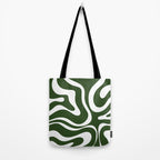 Retro Modern Liquid Swirl Abstract Pattern in Deep Green and White Tote Bag Gallery Image 2