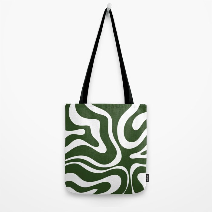 Retro Modern Liquid Swirl Abstract Pattern in Deep Green and White Tote Bag Gallery Image 2