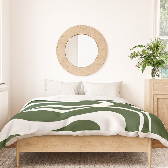 Retro Modern Liquid Swirl Abstract Pattern in Deep Green and White Duvet Cover Gallery Image 3