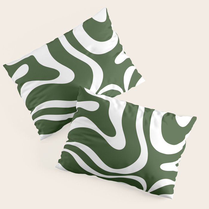 Retro Modern Liquid Swirl Abstract Pattern in Deep Green and White Pillow Sham Gallery Image 1