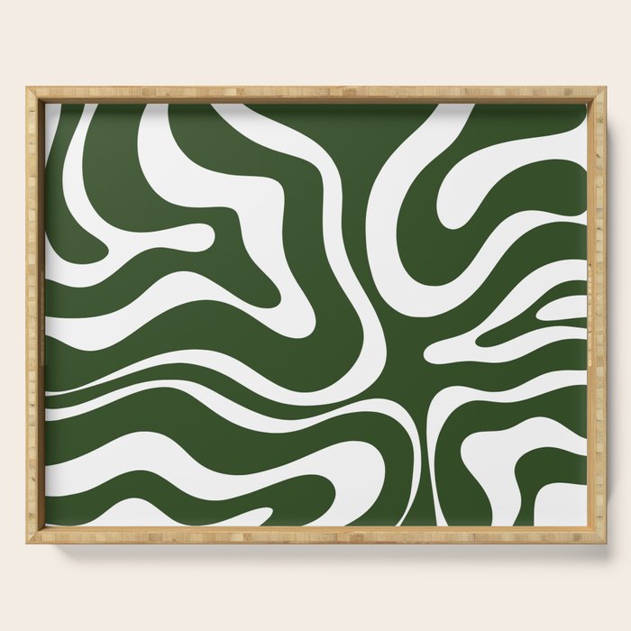 Retro Modern Liquid Swirl Abstract Pattern in Deep Green and White Serving Tray Gallery Image 1