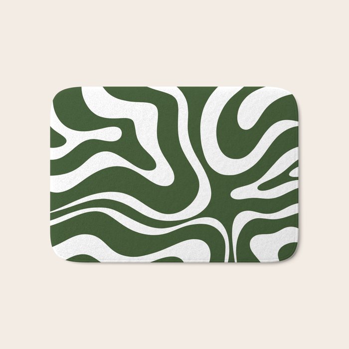 Retro Modern Liquid Swirl Abstract Pattern in Deep Green and White Bath Mat Gallery Image 1
