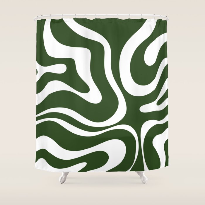 Retro Modern Liquid Swirl Abstract Pattern in Deep Green and White Shower Curtain Gallery Image 1