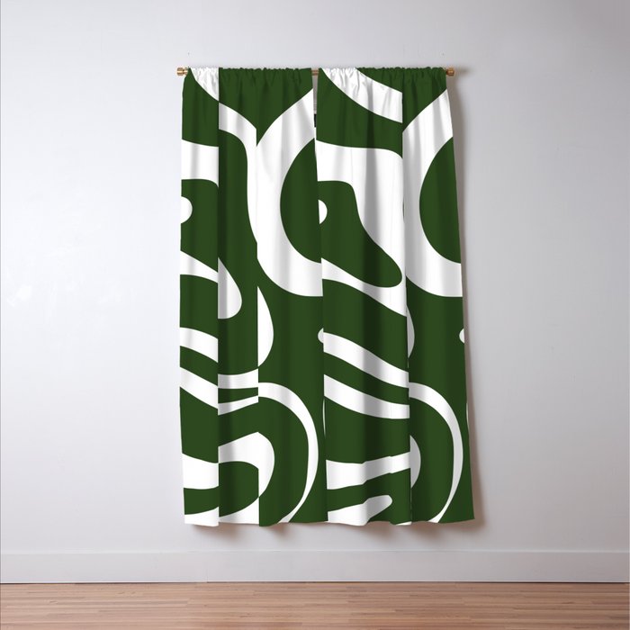 Retro Modern Liquid Swirl Abstract Pattern in Deep Green and White Window Curtain Gallery Image 3