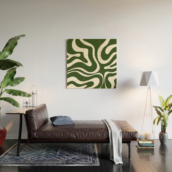 Retro Modern Liquid Swirl Abstract Pattern in Deep Green and White Wood Wall Art Gallery Image 2