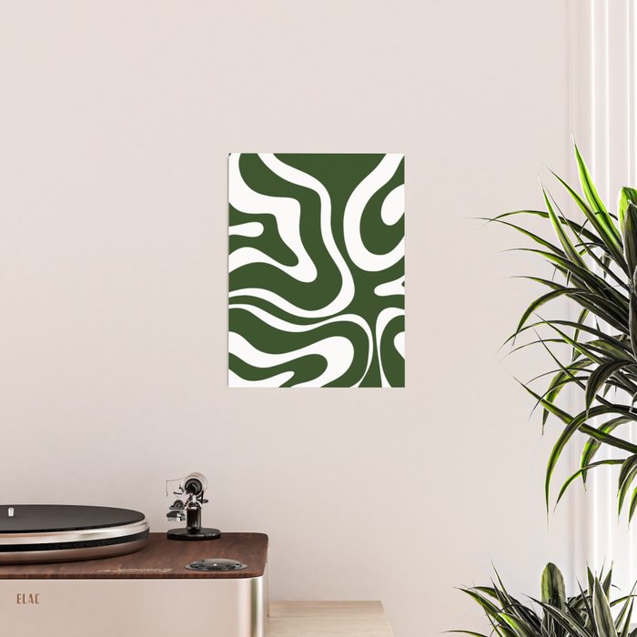 Retro Modern Liquid Swirl Abstract Pattern in Deep Green and White Poster Gallery Image 2