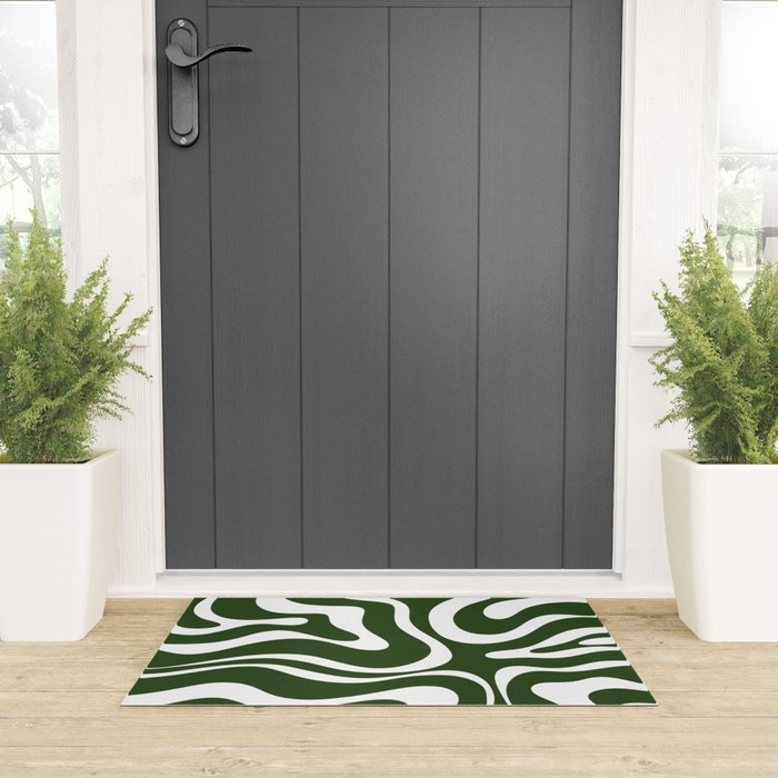 Retro Modern Liquid Swirl Abstract Pattern in Deep Green and White Welcome Mat Gallery Image 3