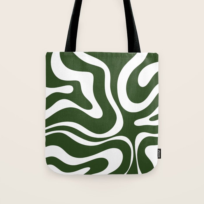 Retro Modern Liquid Swirl Abstract Pattern in Deep Green and White Tote Bag Gallery Image 1