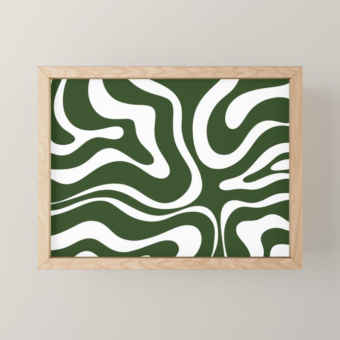 Retro Modern Liquid Swirl Abstract Pattern in Deep Green and White Mini Art Print Gallery Image 1