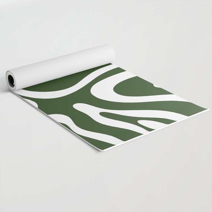 Retro Modern Liquid Swirl Abstract Pattern in Deep Green and White Yoga Mat Gallery Image 2