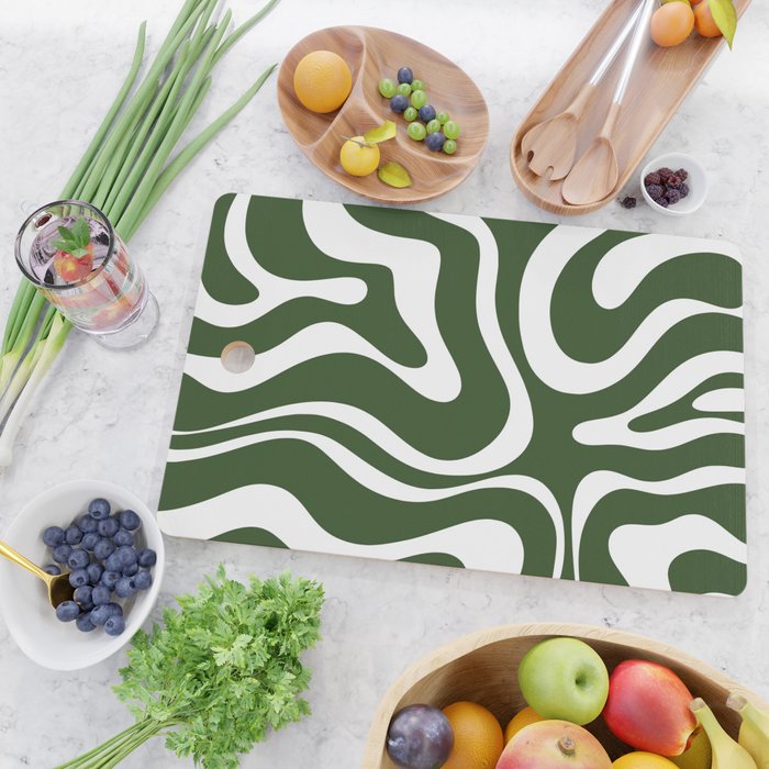 Retro Modern Liquid Swirl Abstract Pattern in Deep Green and White Cutting Board Gallery Image 2