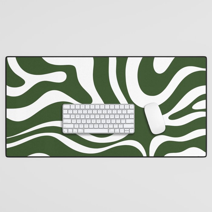 Retro Modern Liquid Swirl Abstract Pattern in Deep Green and White Desk Mat Gallery Image 1