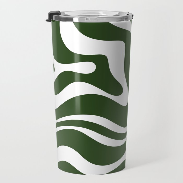 Retro Modern Liquid Swirl Abstract Pattern in Deep Green and White Travel Mug Gallery Image 3