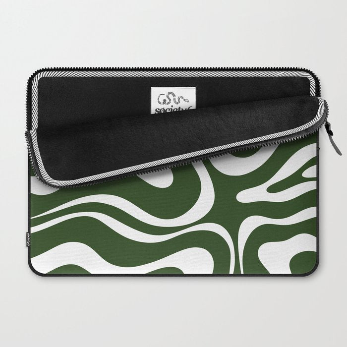 Retro Modern Liquid Swirl Abstract Pattern in Deep Green and White Laptop Sleeve Gallery Image 2
