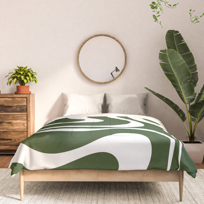 Retro Modern Liquid Swirl Abstract Pattern in Deep Green and White Comforter Gallery Image 3